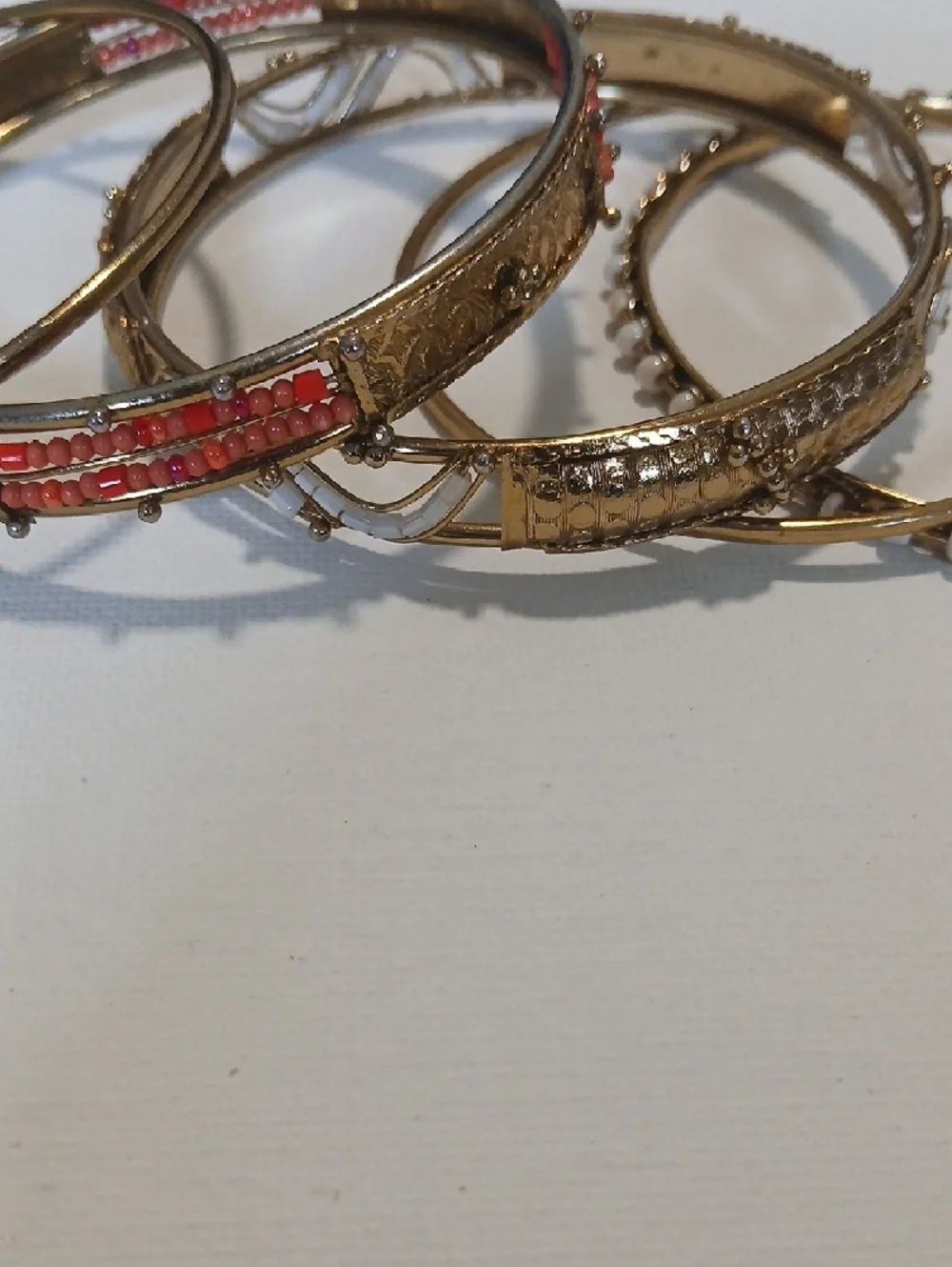 Boho Festival Gold-Tone Women's Bangle Bracelet Set with Coral & White Accents